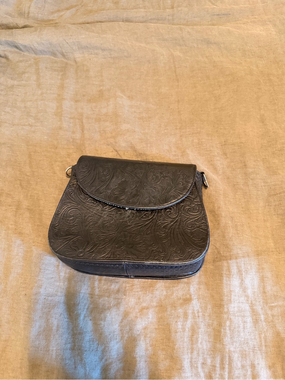 Embossed Black Crossbody Saddle Bag - Women